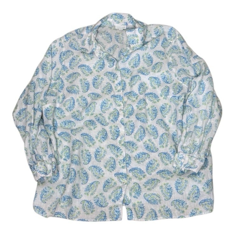 J Jill Love Linen Top Women's Plus Size 3X Blue White‎ Paisley
Button Up Blouse